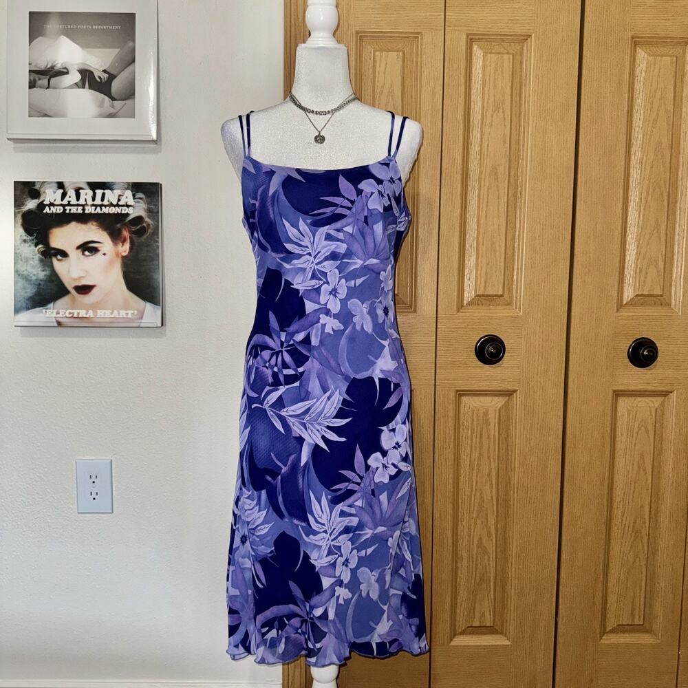 VTG 90s Steppin' Out Midi Dress Junior's 11/12 Blue Purple Floral Coquette Fairy